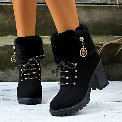 Elegant Fluffy Fur Thick High Heel Suede Ankle Boots Women Winter 2026 Designer Warm Plush Black Short Boots Woman Furry Booties