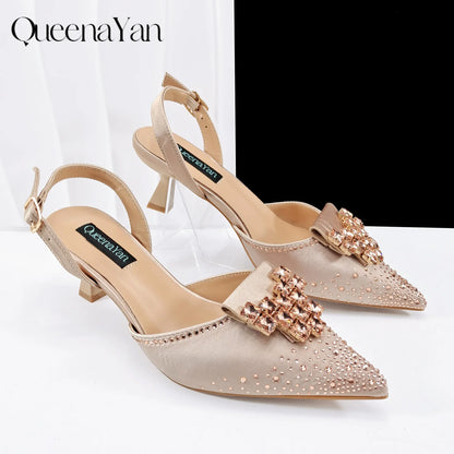 QueenaYan Elegant Navy Blue Handbag and Medium Heel Shoes Set with Beautiful Handmade Metal Decoration for Weddings and Parties