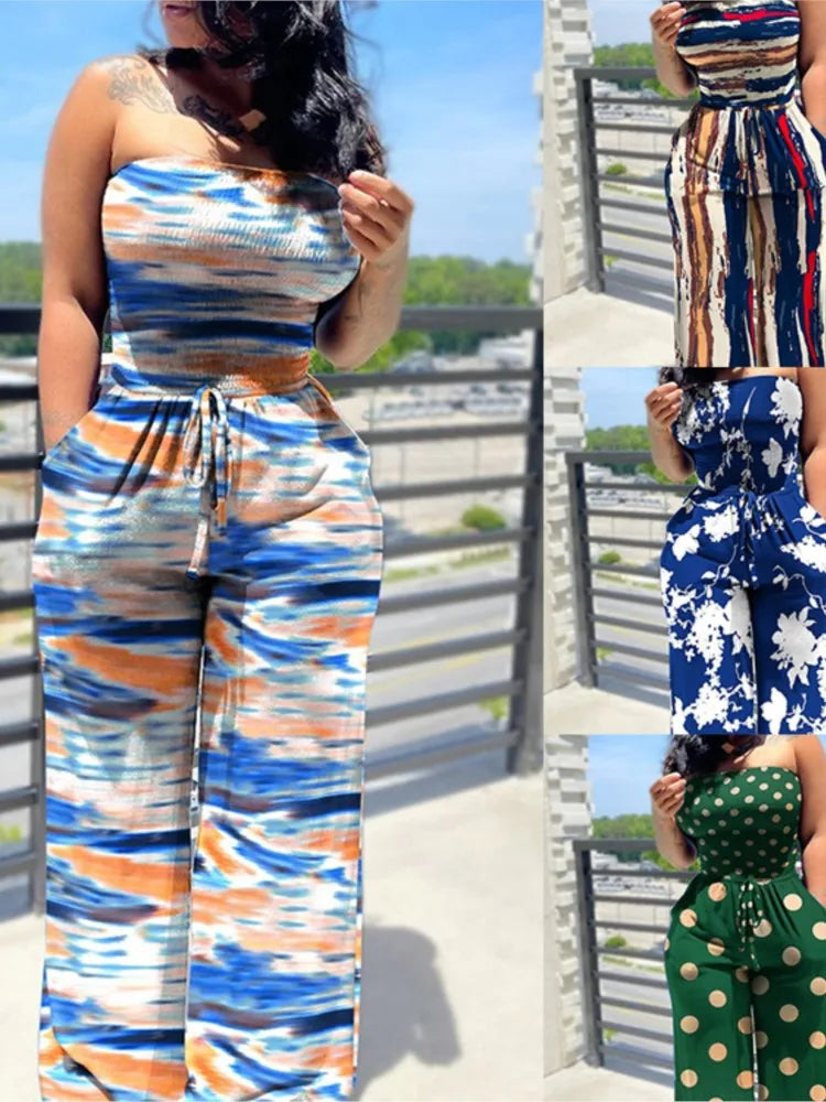 Women's Sexy Strapless One Piece Printed Pants Summer Fashion Lace Up High Waisted Slim Sleeveless Female Beach Holiday Jumpsuit