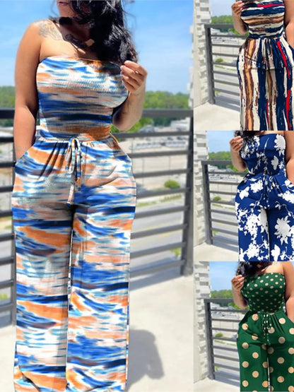 Women's Sexy Strapless One Piece Printed Pants Summer Fashion Lace Up High Waisted Slim Sleeveless Female Beach Holiday Jumpsuit