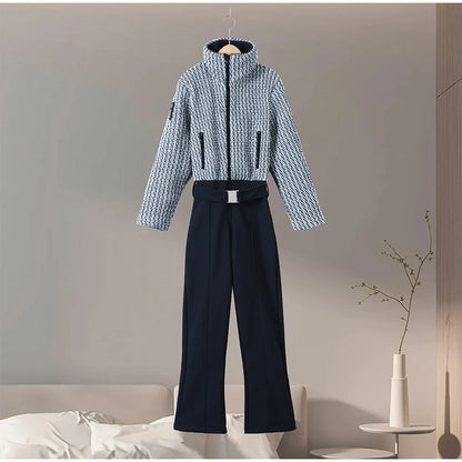 Faux Fur Patchwork Ski Jumpsuit Women Detachable Hoodie Long Sleeves Belts Zipper Warm Skiwear Female 2025 Winter Warm Rompers