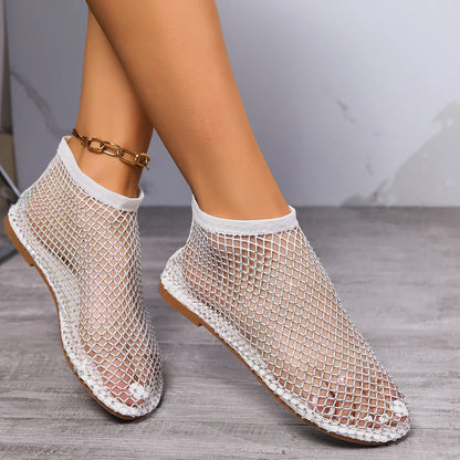 Women's New Luxury Brand Round Toe Flat Bottom Sandals Hollow Short Boots Water Diamond Sexy Flat Bottom Shoes