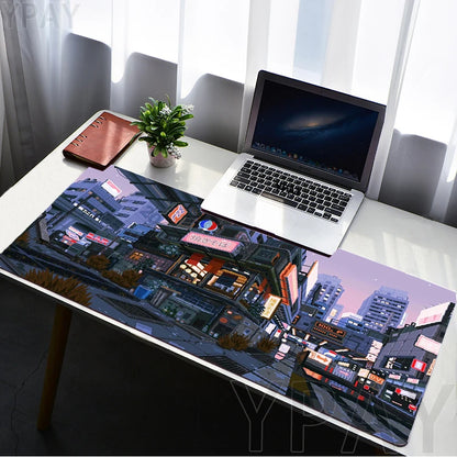 Pixel Mouse Pad Japan Street Large Gamer Mousepad Keyboard Mat Office Mouse Mats Rubber Slipamt Deskpad XXL Table Mat