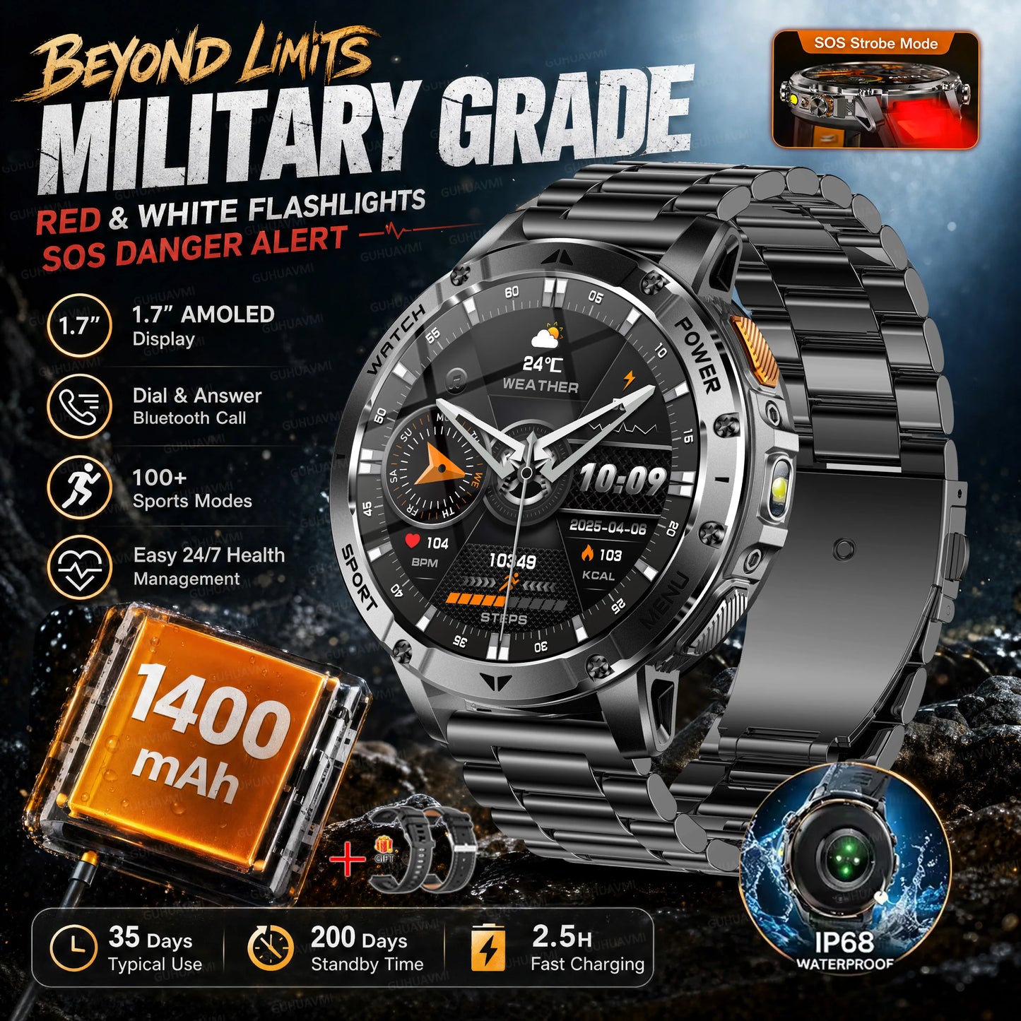 TANK Ultra Outdoor Smartwatch 1400mAh Battery Military Watches Waterproof Two-color Tactical LED Flashlight Men Sports Bracelet