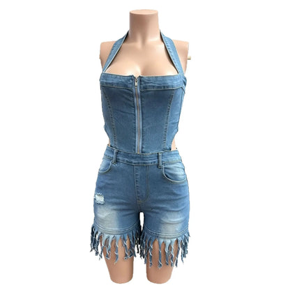 Jumpsuits Women Denim One Piece Halter Sleeveless Zipper Overalls Short Pants Tight Waist Rompers Y2k Streetwear Jumpsuit 2026