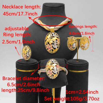 African Necklace Dubai Gold Plated Jewelry Set for Women Wedding Bridal Travel Party Bracelet Earrings Ring Pendant Accessories