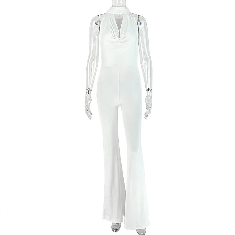 Women's Lace-Up Bandage Halter Swinging Collar Sleeveless Backless Sexy Loose Jumpsuits Solid Color Casual Long Romper