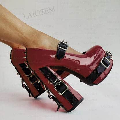 LAIGZEM Women Pumps Punk Rivets Patchwork Platform Cosplay Gothic Sandals Handmade Buckle Straps Shoes Woman Big Size 39 43 52