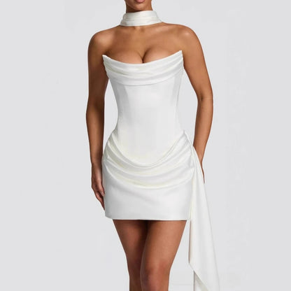 Suninheart Elegant Strapless Corset Dress Sexy White Satin Mini Draped Dress with Scarf Women Cocktail Party Dresses