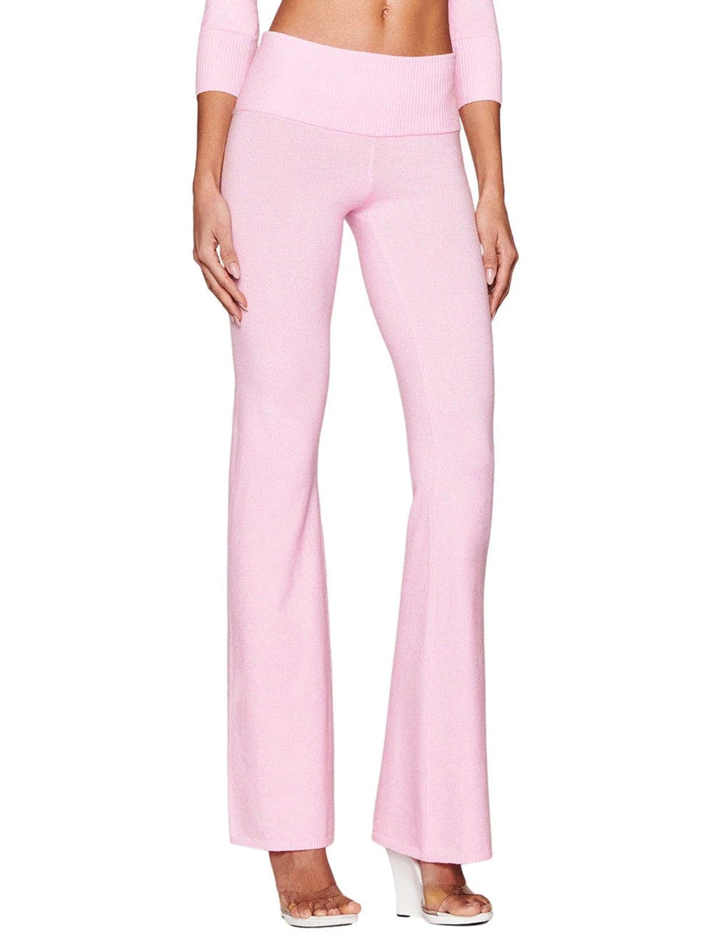 Combhasaki Women's Y2l Knitted Flared Long Pants Slim Fit Solid Color Fold Over Waist Elastic Low Rise Back Bow Decor Trousers