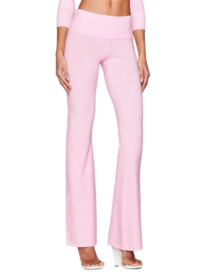 Combhasaki Women's Y2l Knitted Flared Long Pants Slim Fit Solid Color Fold Over Waist Elastic Low Rise Back Bow Decor Trousers