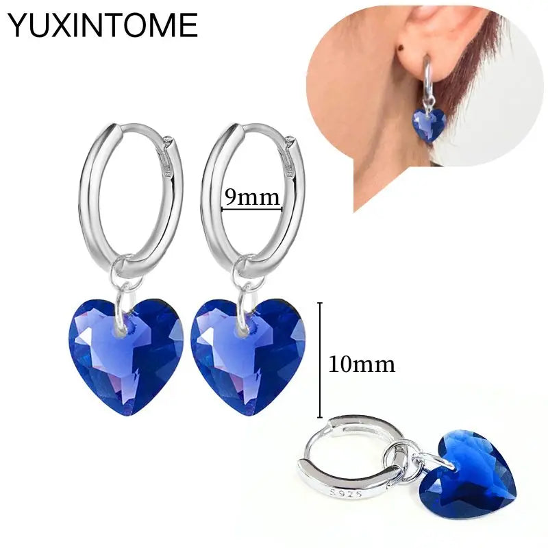 925 Sterling Silver Needle Dark Blue Crystal Silver Earrings Women's Exquisite Heart Blue Pendant Hoop Earrings Luxury Jewelry