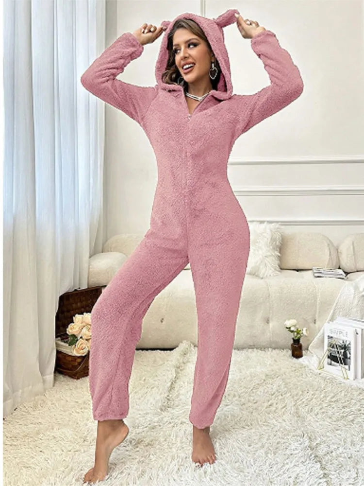 Fashion Plush Ear Hooded One-piece Pajamas Women Autumn Winter New V-neck Long-sleeved Loose Casual Trousers Home Wear Jumpsuits