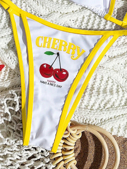 Cute Halter Bikini 3 Pieces Cherry Print 2026 Sexy & Fresh Feeling Bathing Suit Three-Piece Swimsuit Dark Blue Beach Swimwear