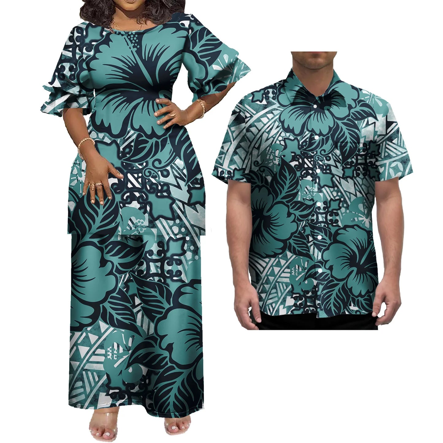 New Wholesale Custom Polynesian Tribal Design Petal Sleeve Samoan Puletasi Set Ptaha Plus Size Women 2 Piece Outfits Sets Dress