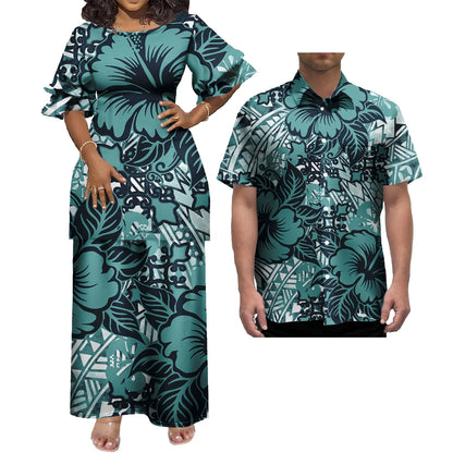 New Wholesale Custom Polynesian Tribal Design Petal Sleeve Samoan Puletasi Set Ptaha Plus Size Women 2 Piece Outfits Sets Dress