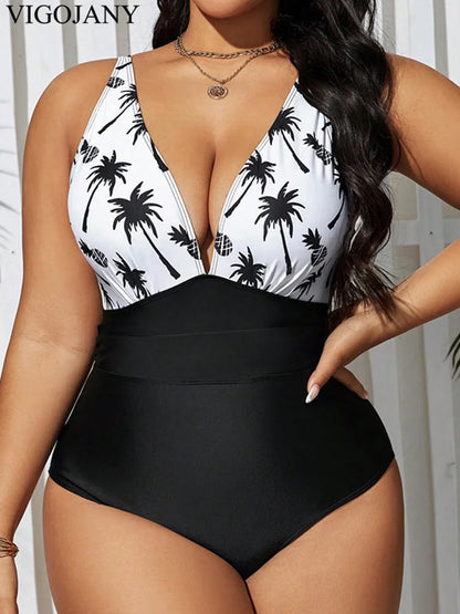 VigoJany 2025 Women Patchwork Plus Size Swimwear Strapped Push Up Large One Piece Swimsuit Brazilian Beach Chubby Bathing Suit