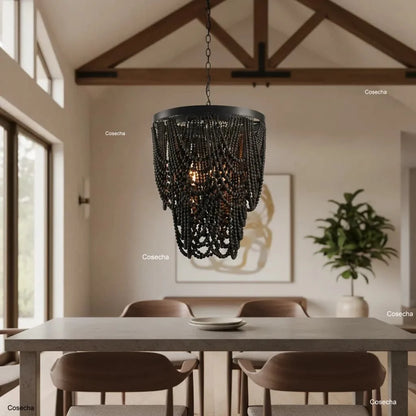 Black French Country Chandelier Large Hanging Lights Dia60 H65cm Living Room Boho Wood Bead Chandelier For Bedroom Dining Room