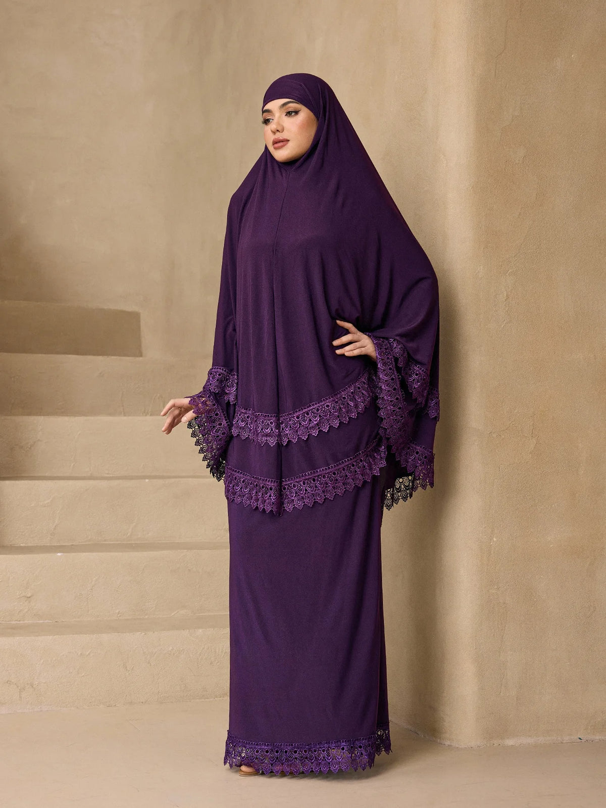 Elegant Multi Layer Lace Trim Khimar Abaya Two Piece Set, Modest Prayer Long Dress For Muslim Women Eid Daily Religious Wear