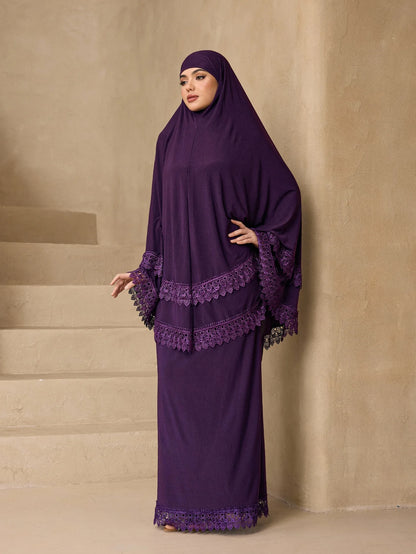 Elegant Multi Layer Lace Trim Khimar Abaya Two Piece Set, Modest Prayer Long Dress For Muslim Women Eid Daily Religious Wear