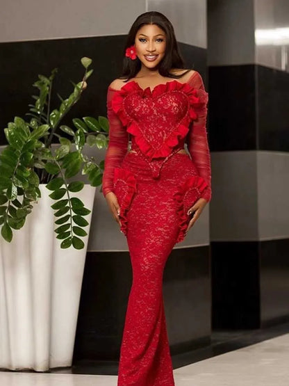 Elegant Women's Red Lace Dress Set Spring Off Shoulder Ruffled Design Long Sleeve Gown Sexy Bodycon Skirt and Top Set Two Pieces