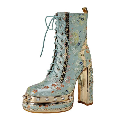 Embroidered Platform Lace-Up Chunky Heel Ankle Boots Woman Winter 2026 Floral Brocade Rhinestone High Heels Fashion Party Shoes