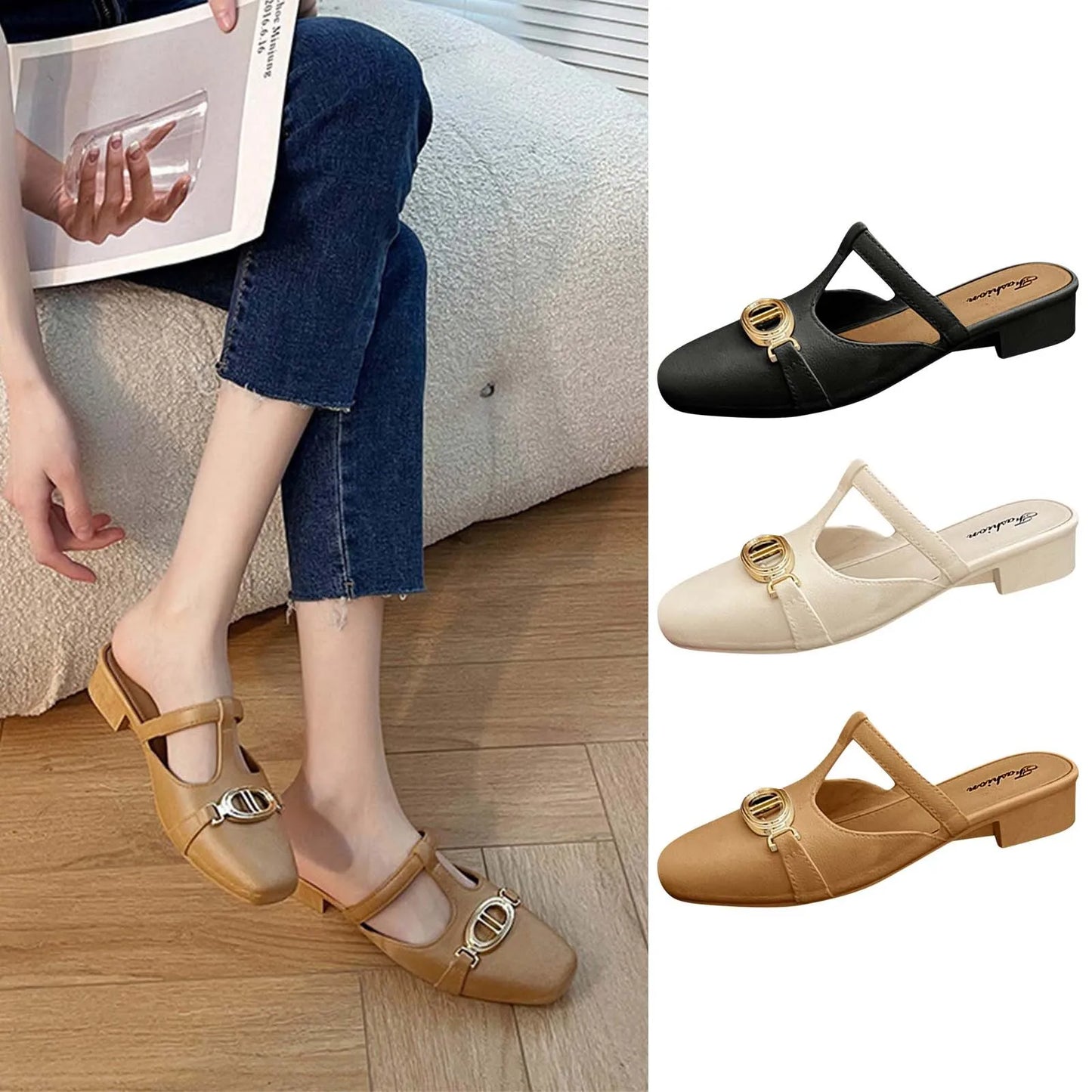 Fashion Summer Sandals Women Low Heel Retro Luxury Metal  Women's Shoes Wear-resistant Daily Walk Slippers