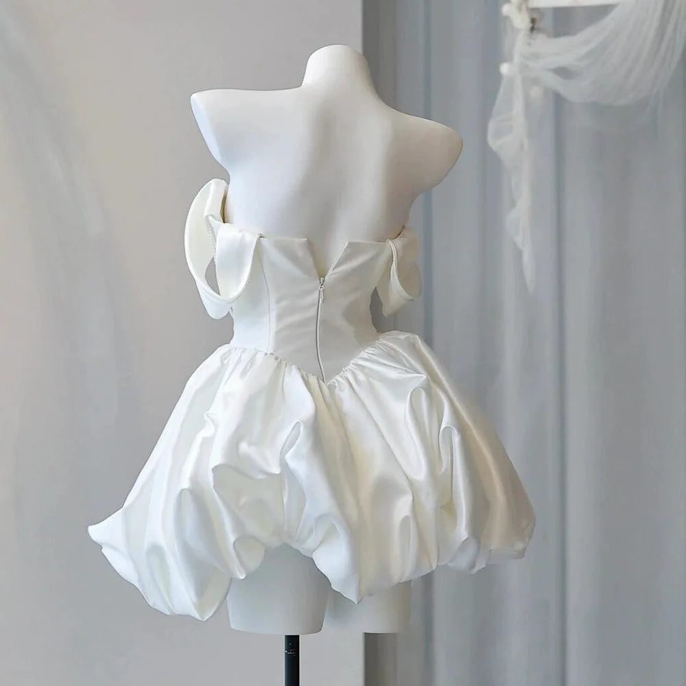 Korea Mini Short Wedding Party Dresses Wedding Photoshoot Strapless Beaded Taffeta Bolero Bride Gowns Corset Back Customized