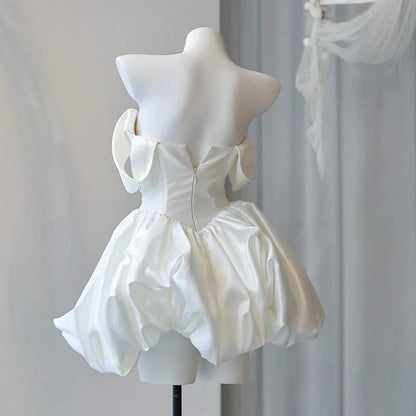 Korea Mini Short Wedding Party Dresses Wedding Photoshoot Strapless Beaded Taffeta Bolero Bride Gowns Corset Back Customized