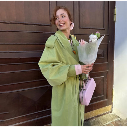 Women Khaki Long Color-block Stripe Trench Coat Wide Lapel Loose Drop Shoulder Blue Lining Slit Windbreaker Commute Outing Coats