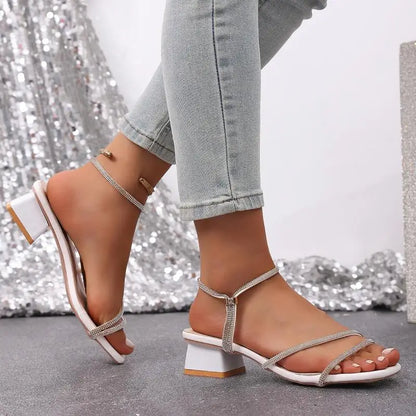Elegant Square Toe Medium Heel Woman's Sandals Women Summer 2026 Luxury Rhinestore Strap Sandals Plus Size Woman Designer Shoes