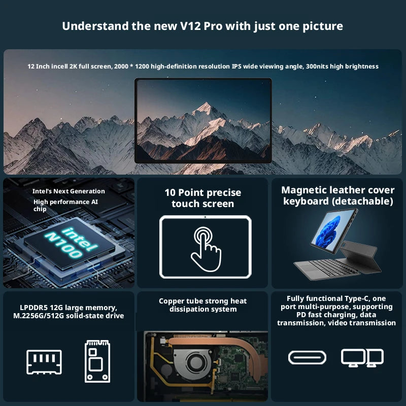 2026 New Pad v12Pro 2-in-1 Laptop Tablet 11.9" 12th Intel CPU N95 DDR5 FHD 2000*1200 16:9 3850mAh Windows 11 Mini Notebook