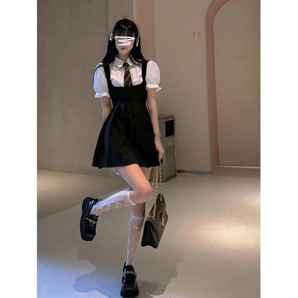 2025 korea japan style female summer fashion style jk uniform halter pleated skirt bubble short sleeve shirt two piece sets g823