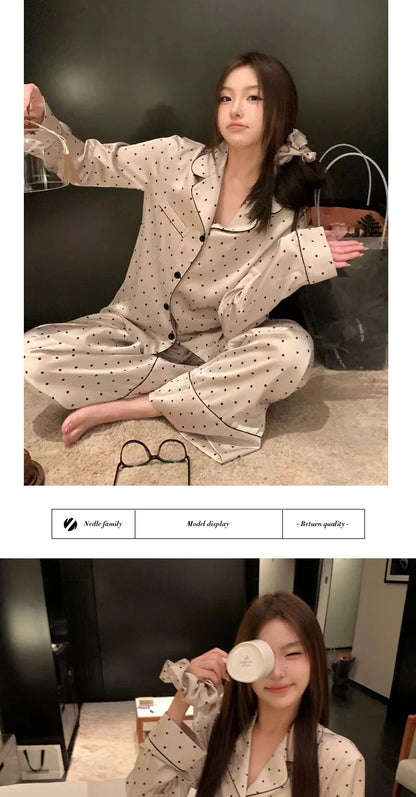 French High Sense of Sleepwear Women Spring and Fall New Simple Polka Dot Long-Sleeved Long Pants Ice Silk Homewear Fashion Suit