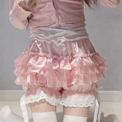 Pink Pleated panties woman pumpkin cute panties bow knot lolita safety shorts vintage pants victorian bloomers