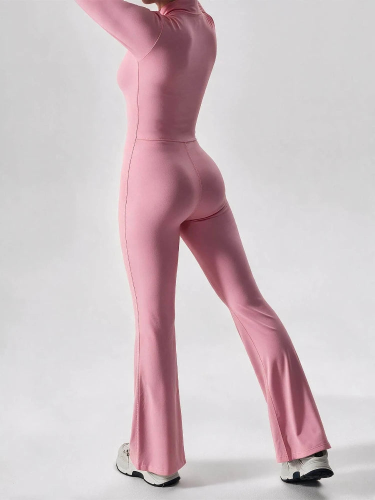Elegant Zip-up Long Sleeve Sports Overalls for Women Autumn Winter Fleece Jumpsuits Ladies Yoga Fitness One Piece Tracksuit