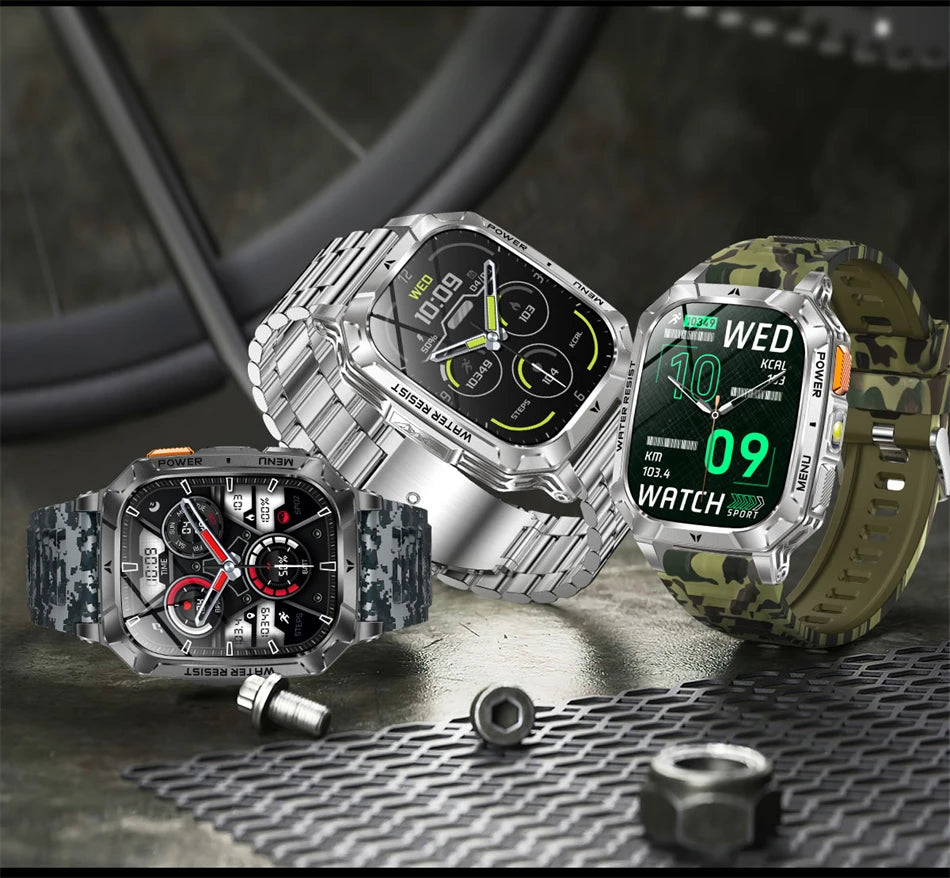 New 1400 mAh Battery Military Smartwatch Men IP68 Waterproof Flashlight Health Monitor Sports Call Smart Watch For iOS Android