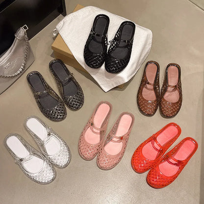 Women's Light Luxury Crystal Jelly Mary Jane Flat Sandals Hollow-out Breathable Closed Toe Summer Casual Non-slip Slip-on Shoes
