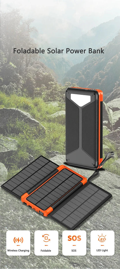 20000mAh Qi Wireless Solar Power Bank Outdoor External Battery Portable Powerbank for iPhone 14 Samsung Xiaomi Huawei Poverbank