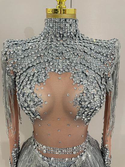 Sparkly Rhinestone Sequin Tassel Stretch Bodysuits 2025 New Arrival Women Birthday Party Nightclub Dj Stage Performance Costume