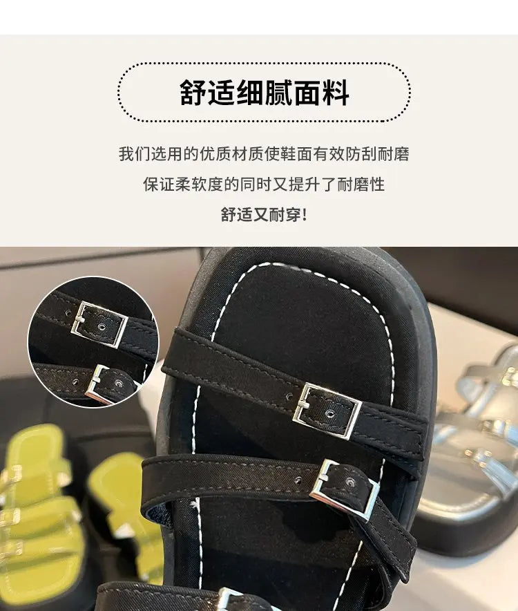 Women Thicken Soled Buckle Strap Sandals Platform High Heel Shoes Ladies Cut-Out Slippers Open Toe Flipflops Silver Beach Slides