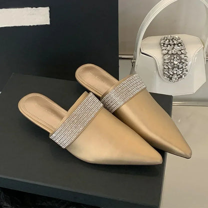 Pointy Toe Mules Women Slides Sandals Luxury Rhinestones Dress Shoes Summer 2025 Low Heel Gold Designer Slippers Ladies Pumps