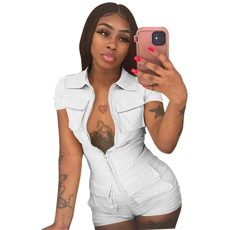 Red Jumpsuit for Woman Short Zipper V Turn Down Short Sleeve Overall Jumpsuit Shorts Casual Pockets Bodycon Rompers 2XL