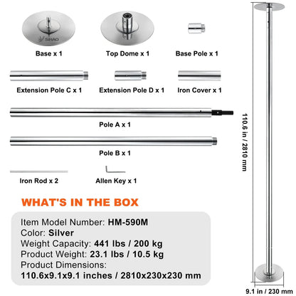 SIHAO Stainless Steel Dance Pole Kit, Height Adjustable Spinning & Static Pole, Portable Dance Fitness Equipment for Home, Club & Gym