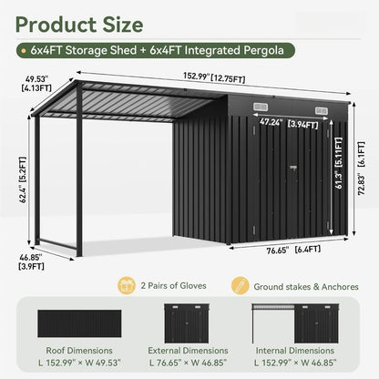 6x4FT Outdoor Metal Shed and Hardtop Gazebo Combo 12x4FT Lean to with PergolaA Black