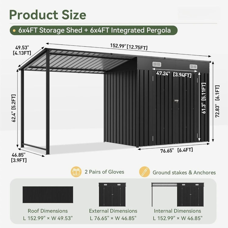 6x4FT Outdoor Metal Shed and Hardtop Gazebo Combo 12x4FT Lean to with PergolaA Black