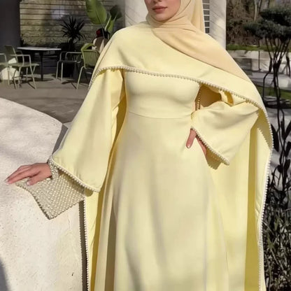 White Pearl Trim Cape Maxi Dress Women Elegant Long Sleeve Cinched Waist Muslim Robes 2026 Spring EID Abaya Lady Dresses