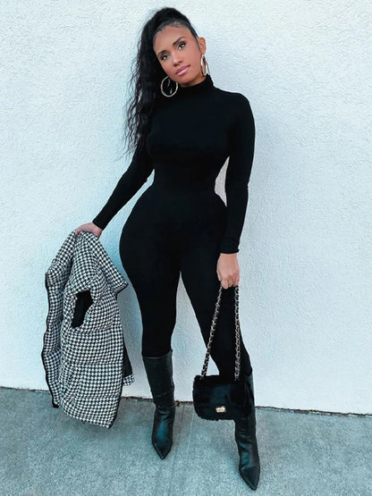 Hugcitar Fall Long Sleeve Solid Turtleneck Sexy Skinny Bodycon Jumpsuit Women Fashion Streetwear Sport Casual Romper Overalls