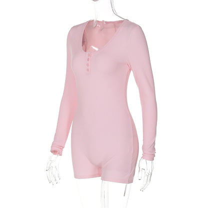 Hugcitar Spring Ribbed Solid Square Collar Long Sleeve Buttons Sexy Bodycon Skinny Playsuit Women Casual Romper Streetwear Sport