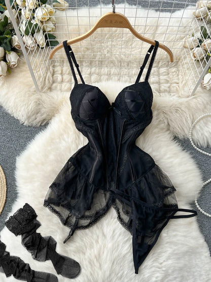 Coquette Lace Lingerie Set Sexy Mesh Bodysuit Valentines Day Sleepwear Gothic Strappy Catsuit Intimate Nightwear Romper